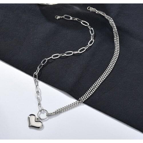 Women Sexy Double Link Chain Heart Stainless Steel Pendant Necklace Punk Choker Collar Belt Torques Club Party