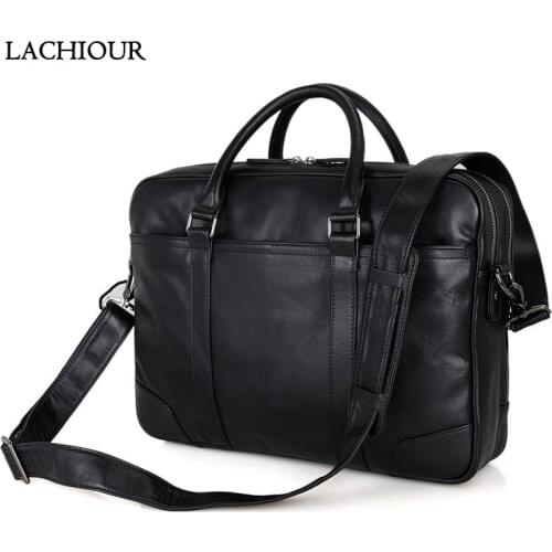 LACHIOUR 15 inch Laptop Bag Men Genuine Leather Briefcase Male Business Handbag Double Zipper Soft Cow Leather Messenger Bag