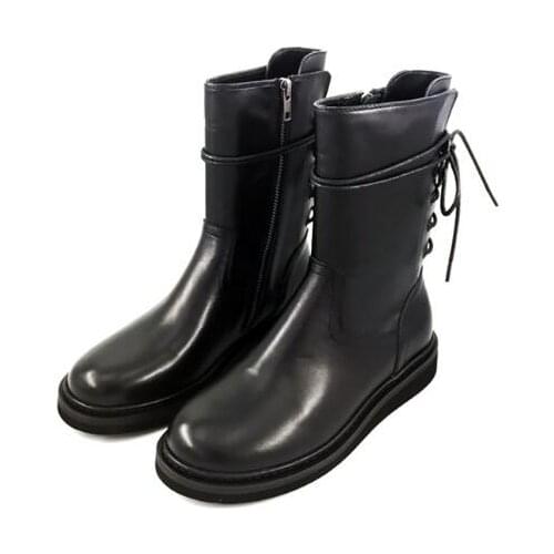 Drop Shipping Cheap High Quality Girls Pu Solid Black Round Toe Zipper Lace Up Back Mid-calf High Top Flat Martin Short Boots