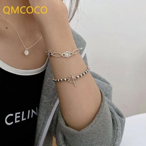 QMCOCO Korean Smile Face OT Button Round Beads Bracelet Woman 925 Silver Summer INS Simple Design 2021 New Trendy Accessories