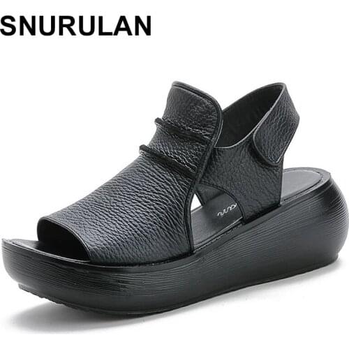 SNURULAN 2021Summer Thick Bottom High Flat Platform Sandals For Women Genuine Cow Leather Fashion Wedges Peep Toe Women Sandals