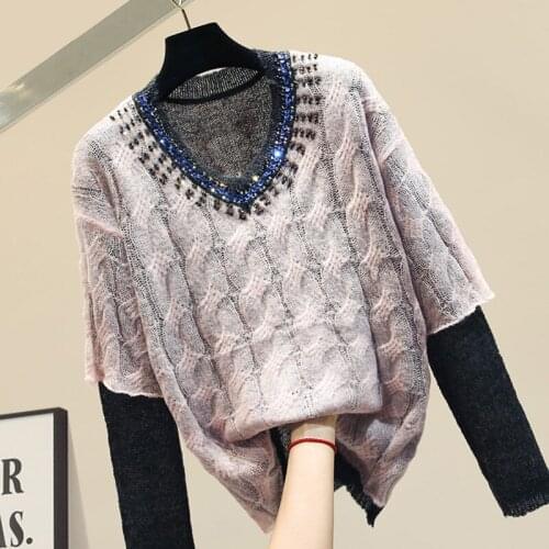 Harajuku Knitwear Winter Pullovers Sweaters Women Autumn Sequin V Neck Loose Jumper Female Purple Chic Knit Tops