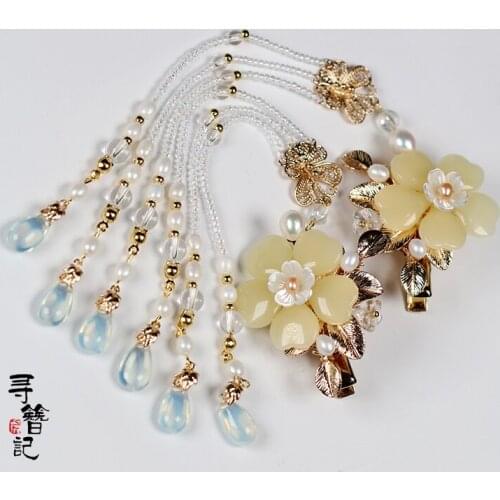 Vintage handmadel yellow lady bead shell tassel Hairclip bun accessories up do Headwear for kimono hanfu COSPLAY XZ