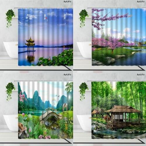 Purple Sky Poetic Lotus Arch Bridge Shower Curtains Flower Plant Chinese Natural Scenery Printing Waterproof Fabric Bath Curtain