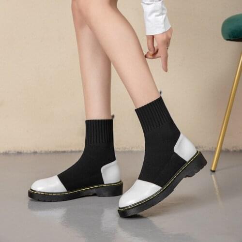 YQBTDL 2020 Autumn New Fashion Stretch Sock Boots Low Heel Ladies Shoes Office Patchwork Knitting Elastic Ankle Boots for Women