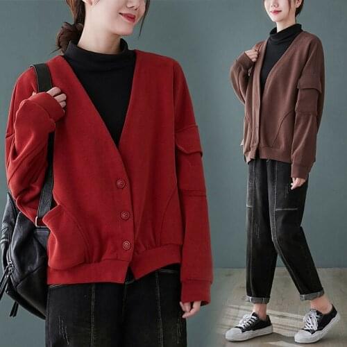 Women Cotton Casual Jackets New Arrival 2021 Fall Korean Simple V-neck Solid Color Loose Ladies Cardigan Sweater Outerwear s997