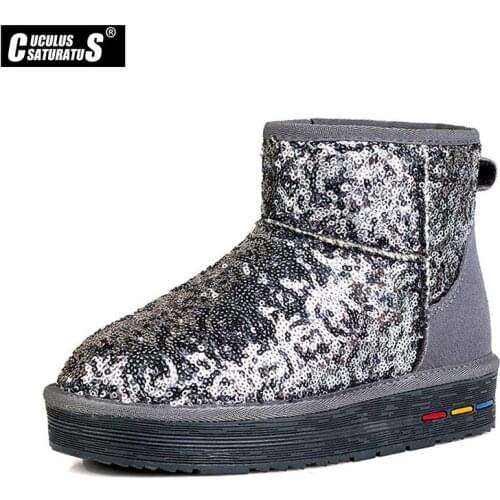 Cuculus Shoes Blue Snow Boots Women Ankle Boots Flat Heel Fashion 2020 Winter Warm Shoes Woman Bling Slip On Round Toe 1697