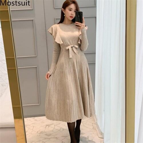 2020 Spring Korean Ruffles Pleated Long Dress Women Long Sleeve O-neck Solid Elegant Fashion Sweater Dresses Vestidos
