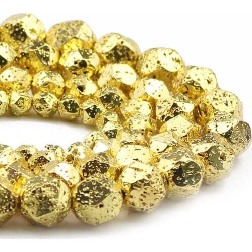Gold Faceted Round Volcanics Lava Natural Stone 6/8/10/12mm Spacers Loose Beads For Jewelry Making DIY Bracelets Accessories