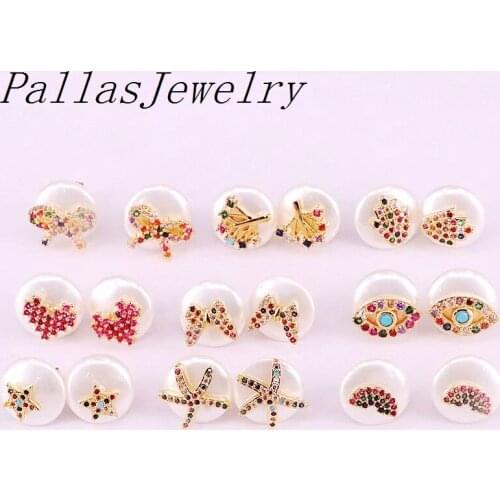 10Pairs, Newest Trendy Gold Filled Nature Pearl Micro CZ Paved Round Charms Jewelry Stud Earrings For Women