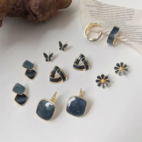2020 New Fashion Womens Earrings Retro Sweet Geometry Square Flower Blue Drop Earrings for Women Bijoux Korean Gift Jewelry