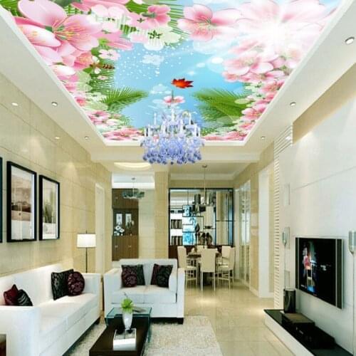 Wallpaper 3d beautiful flower bee coconut leaf living room hall ceiling mural blue sky white clouds cosmic zenith wallpaper