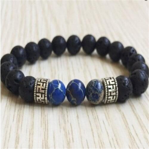 8mm Lava Stone Imperial Jasper Mala Bracelet Gemstone 7.5 inches Buddhism Reiki Bless Lucky Handmade Men Chakras Energy Gemstone