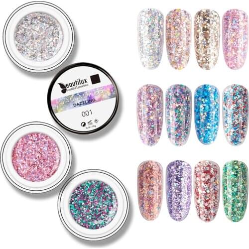 Beautilux Dazzling Nail Gel Polish Holographic Sequins Nails Art Design Gels Lacquer UV LED Gloss Glitter Bling Gel Varnish 10g