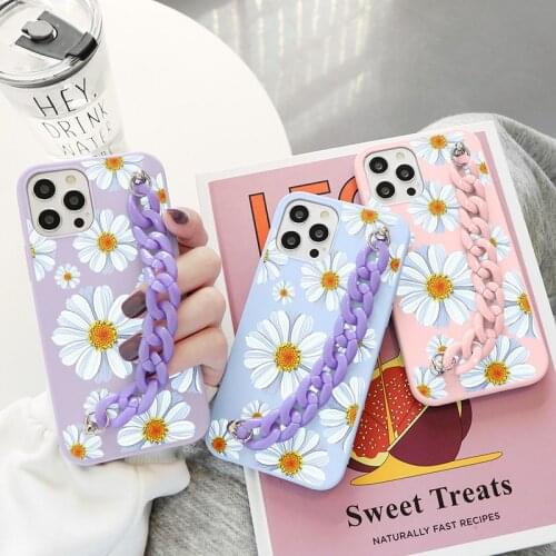 Fashion Daisy Flowers Phone Case For OnePlus Nord 9 8 7 7T Pro 8T 6 Chain Wrist Bracelet Soft Matte Silicone Cover Fundas Coque