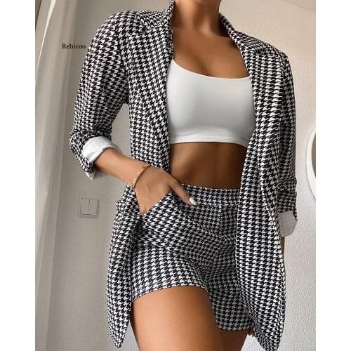 Women Grid Coats Suit Sets Workwear Houndstooth Print Elegant Blazer Tops & Pocket Shorts Set