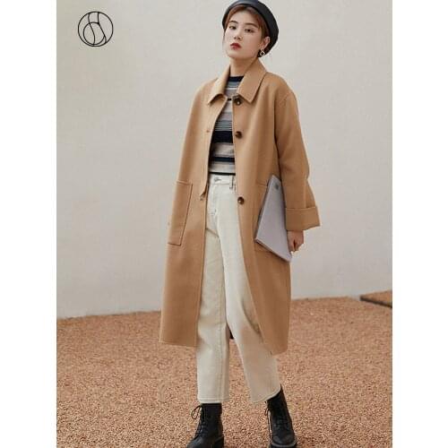 DUSHU Plus size khaki long wool blend coat Women cashmere knitted vintage oversized jacket Female elegant winter coat ladies
