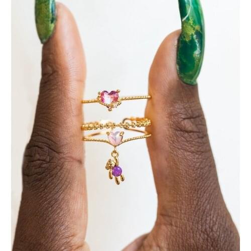 New Ins Sweet Little Bear Love Heart Colorful Zircon Copper 18K Gold Ring for Cute Women Girl Party Travel Jewelry Gifts