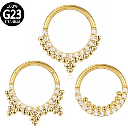 G23 Titanium Zircon Septum gold Nose Rings Hoop Round beads Hinged Segment Ear Clicker Cartilage Earring nose Piercings Jewelry