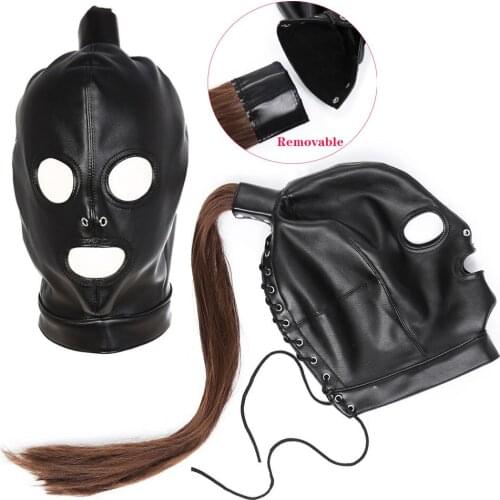 Leather Restraint Sissy Hood Mask SM Head Bondage Harness Fetish Party Mask With Removable Wig Headgear Slave Cosplay Sex Toys