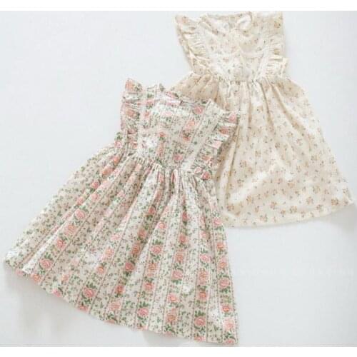 Baby girl summer cute vintage floral printed princess dress kids flying sleeve casual dress a-line