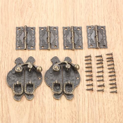 6pcs/set Furniture Cabinet Hinges with Antique Bronze Jewelry Wooden Box Toggle Hasp Latch Clasp with Screws Vintage Hardware