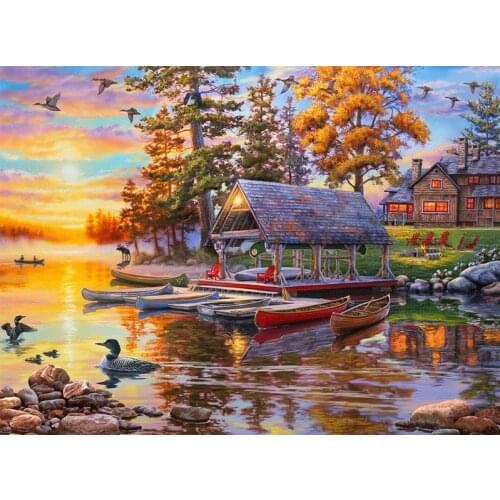 Sunset lakeside village Cross Stitch Kits Color 14CT Unprinted For DIY Embroidered Handmade Arts Set Wall Home Decor Handmade