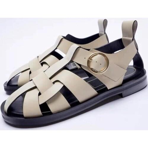 New Summer Womens Shoes Light Beige Instep Strap Round-Toe Flat Sandals Ladies Casual Outdoor Cover Toe Female Roman Shoe hy494