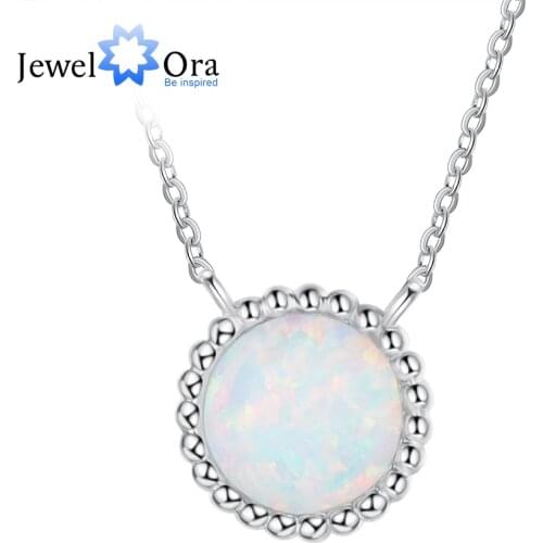 JewelOra Classic Style Silver Color Round White Fire Opal Necklaces for Women Beads Paved Metallic Pendant Jewelry Accessories