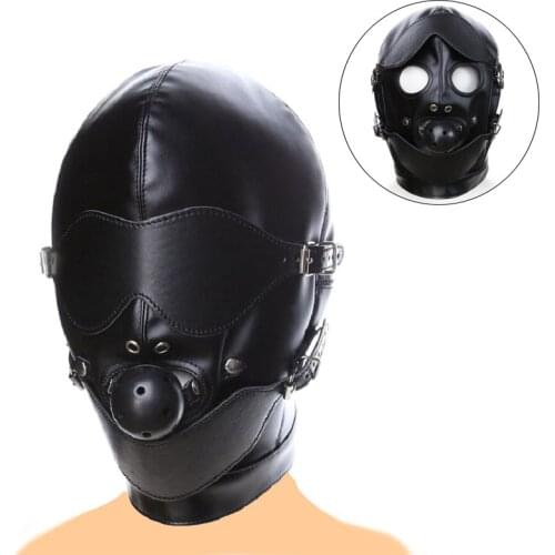 SM Leather Padded Hood Blindfold,Mouth Ball Gag,Fetish BDSM Sex Slave Bondage Gimp,Head Harness Halloween Mask Cosplay Sex Toys