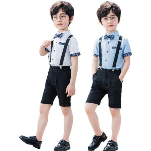 4 PCs Baby Boys Short Sleeve Gentleman Outfits Summer Bowtie Short Sleeve Shirt+Suspenders Shorts Set