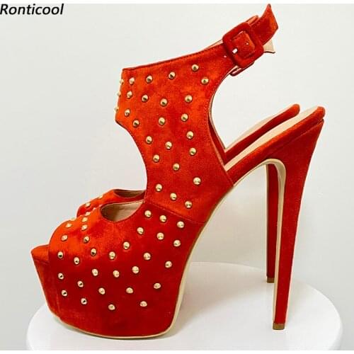 Ronticool New Stylish Women Gladiator Sandals Studs Unisex Stiletto Heels Peep Toe Gorgeous Orange Fuchsia Shoes US Size 5-20