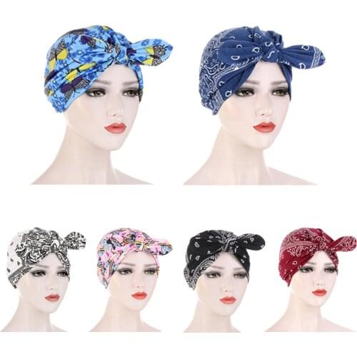 Bowknot Print Stretch Muslim Hijab Women Islamic Jersey Turban Cotton Hat Cancer Chemo Cap Head Wrap Beanie Scarf Hair Loss Cap