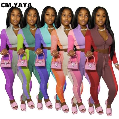 CM.YAYA Sport Sweatsuit Patchwork Womens Set Zipper Sweatshirt Jogger Pants Set Active Tracksuit Two Piece Fitness Outfits