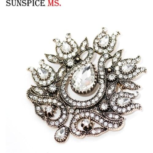 SUNSPICE MS Retro Gold Color Turkish Women Flower Brooch White Crystal Ethnic Banquet Vintage Indian Jewelry Hijab Lapel Pins