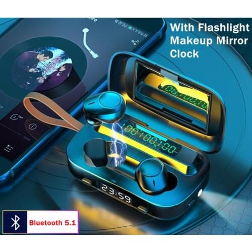 TWS Bluetooth 5.1 Earphones Touch Headset HiFI Stereo In-ear Earbuds Wireless Headphones With Flashlight Makeup Mirror Clock
