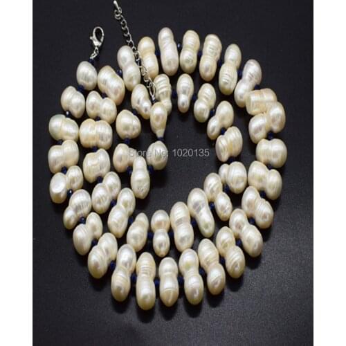 WOW! freshwater pearl white SIDE HOLE + BLUE SPINEL ROUND necklace 54CM nature FPPJ wholesale