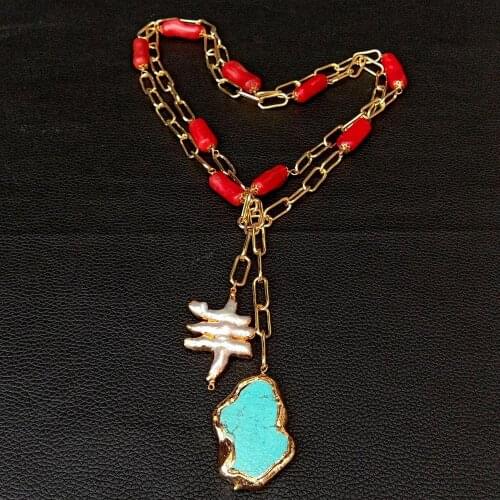 YYGEM 47'' White Keshi Pearl Red Coral turquoise gold filled sweater Chain Necklace