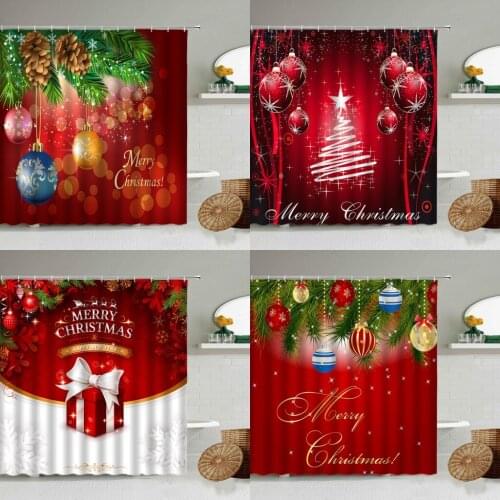 Merry Christmas Shower Curtain Red New Year Theme Bathroom Decor Christmas Ball Holiday Party Gift Waterproof Screen With Hooks