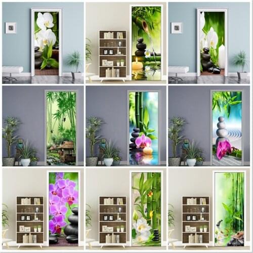 Moth Orchid Green Bamboo Printing Wallpaper For Door Bedroom Living Room Home Decoration Door Sticker Plant PVC Self Adhesive