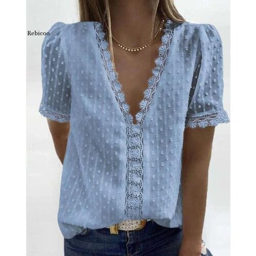 Sexy V-Neck Lace Shirt Blouse Spring Summer Short Sleeve Ladies Shirt Casual Women Solid Pullover Tops Blusa Streetwear