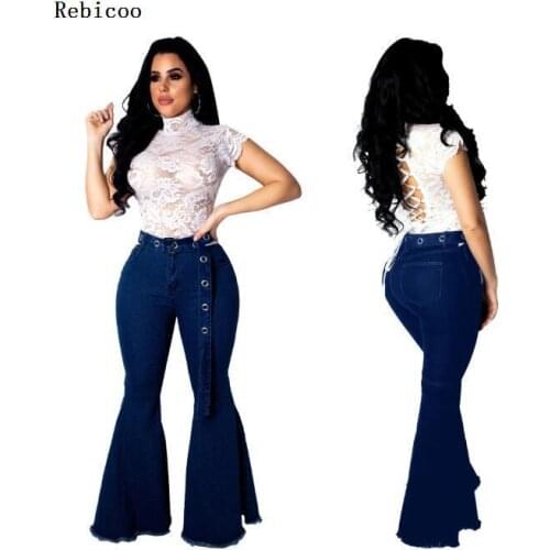Women Casual High Wiast Denim Flare Jeans Elegant Pocket Skinny Denim Pants Summer Belt Stretch Slim Jeans Trousers