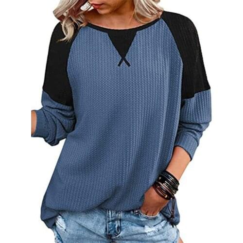Womens Retro Casual Top Color Matching Round Neck T-shirt Elegant Long Sleeve Autumn Spring Pullover Fashion Casual Regular