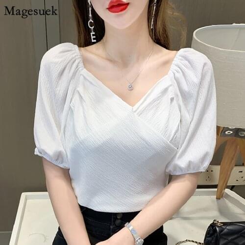 Korean Summer Pleated V-neck Chiffon Blouses Tops Women Puff Short Sleeve White Shirts Solid Elegant Fashion Shirt Casual 14116