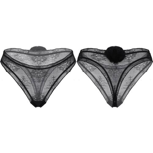 Women Ladies Femme See-through Lace Exotic Panties Cute Low Rise Briefs Underwear Thong G-String with Removable Fluffy Ball