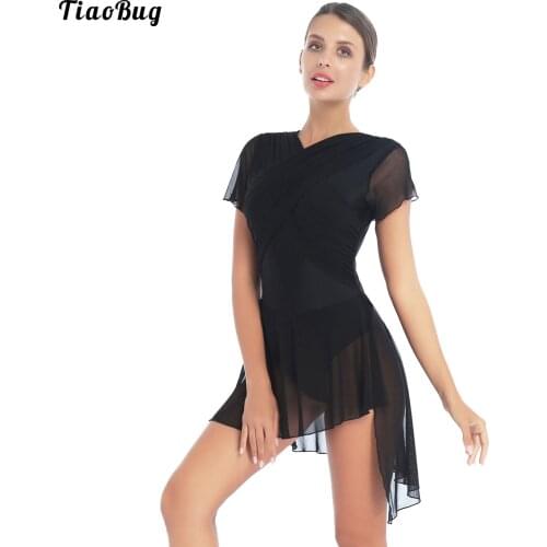 Women Pleated Mesh Overlay Dance Dress Skirted Leotard Short Sleeve Split Asymmetric Hem Dresses