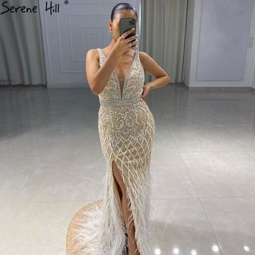 Serene Hill Nude Pink Mermaid Elegant Evening Dresses Gowns 2020 Luxury Feathers Beading Sexy For Women Party BLA70791