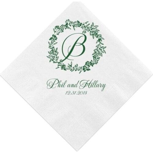 50pcs Monogram Wreath Personalized Wedding Napkins, Engagement Party, Custom Bar Napkins, Custom baby shower Napkins