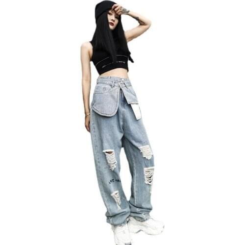 Vintage Hole Denim Letter Pattern High Waist Trousers Loose Fit Pants Women Fashion Tide Spring Autumn 2021 Fashion Hip Hop New