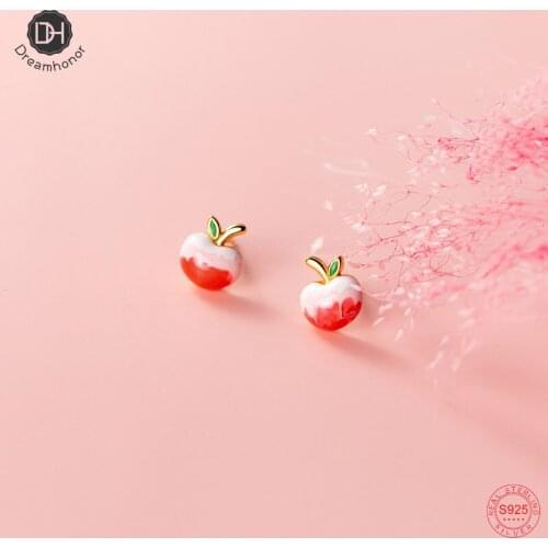 Dreamhonor 100% Real 925 Sterling Silver Epoxy Peach Fruit Stud Earrings For Women Jewelry
